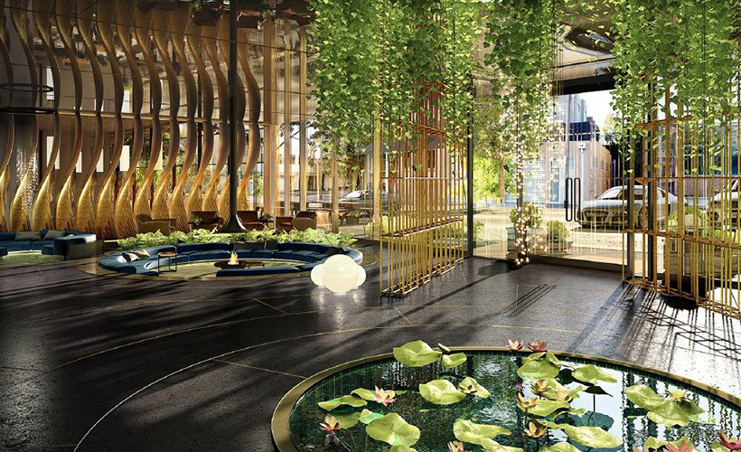 The lobby of the Adina Grand Apartment Hotel at West End is designed as a sanctuary from the industrial streets outside.
