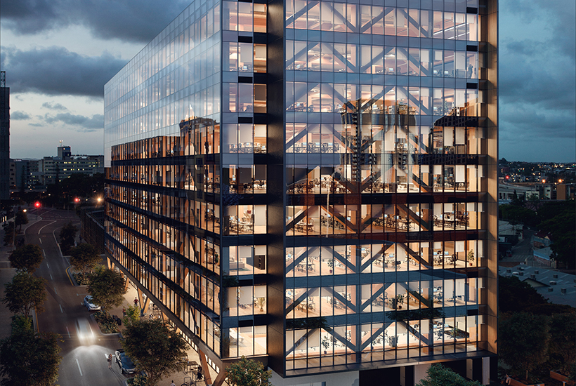 AN artist’s impression of the timber office tower near Brisbane’s Showgrounds.
