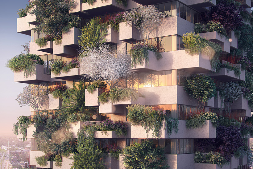 An artist’s impression of the vertical forest on a social housing building in Eindhoven, Netherlands.
