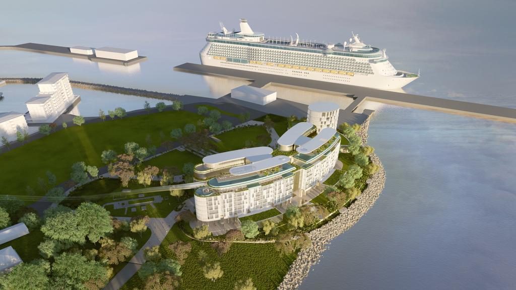 An artist’s impression of Landbridge’s concept for a 6-star luxury hotel alongside Fort Hill Wharf. Picture: Landbridge
