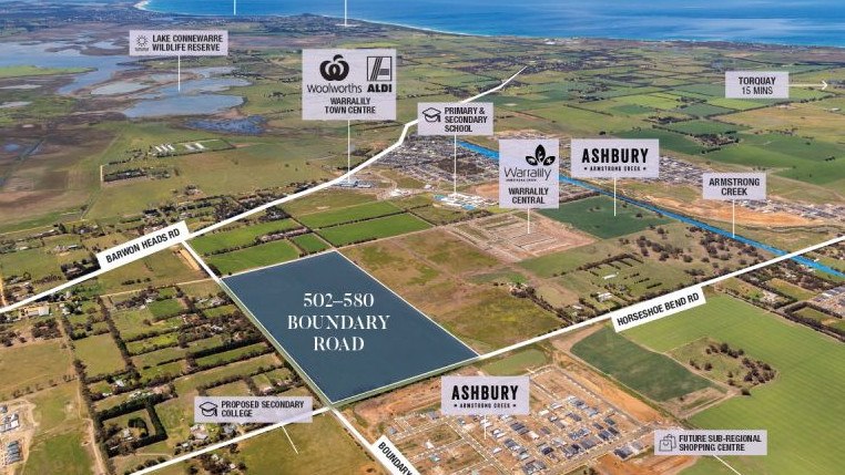 502-580 Boundary Rd, Armstrong Creek has been listed with permits for 443 new home lots. Price hopes are $40 million.
