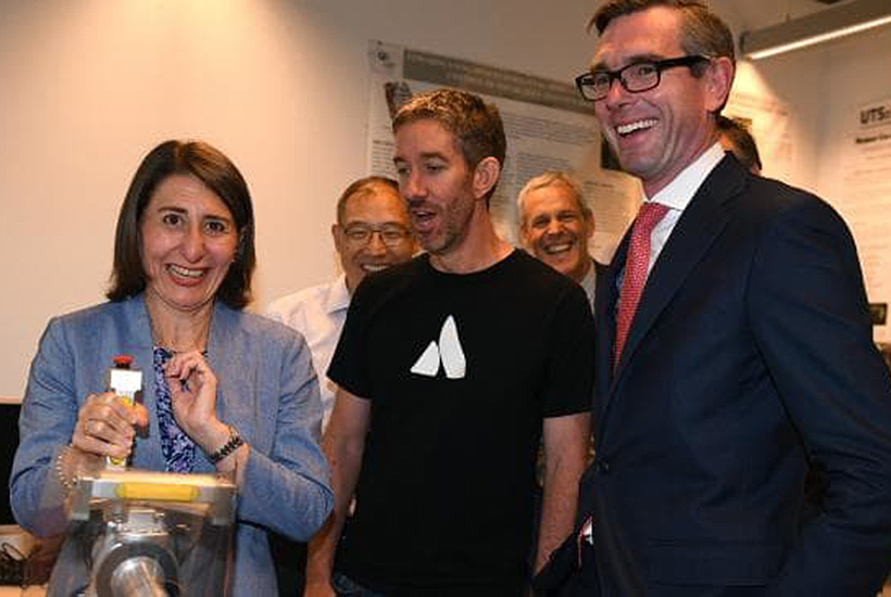 NSW Premier Gladys Berejiklian along with Treasurer Dominic Perrottet (right) and Atlassian Co-CEO Scott Farquhar (centre) visit UTS, in Sydney. Picture: AAP
