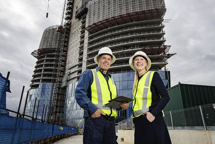 Chuck Clatterbuck and Erin van Tuil at the Crown site at Sydney’s Barangaroo. Picture: Hollie Adams

