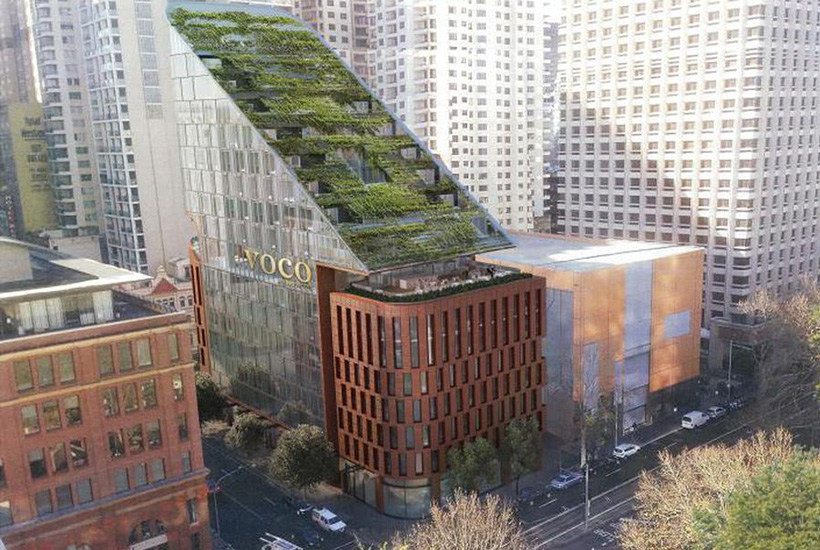 A new hotel at 430 Pitt St will feature a sloping green facade. Pictures: BVN/IHG.
