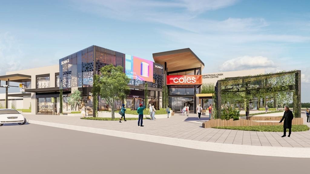 Stage one of the Armstrong Creek Town Centre includes a Coles supermarket and speciality shops.
