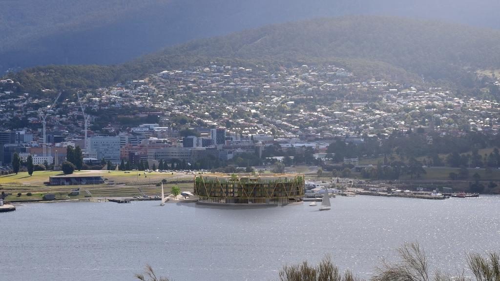 An artist’s impression of the floating hotel in front of the Hobart Regatta Grounds. Picture: SUPPLIED
