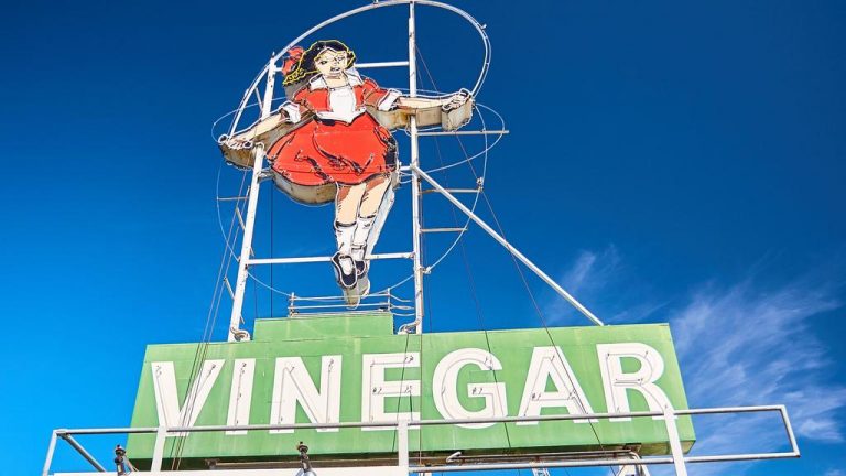 Skipping Girl Vinegar sign site up for grabs