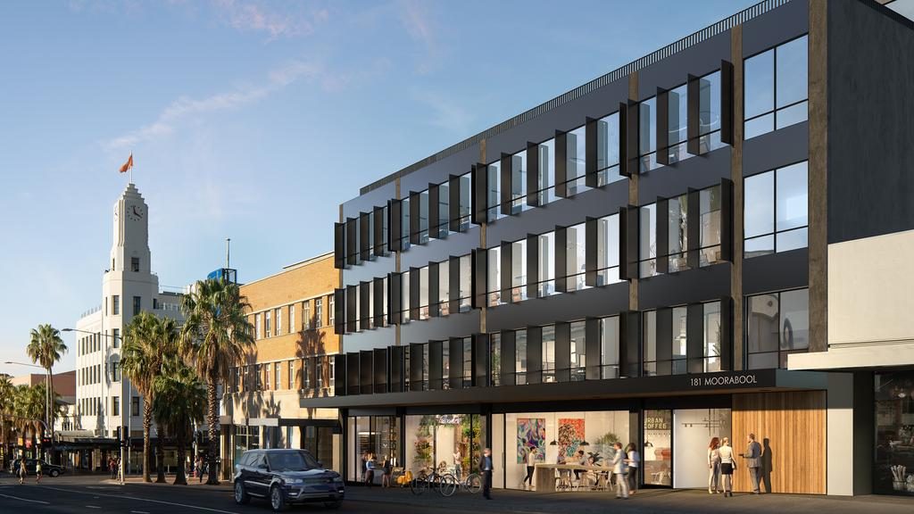 Artists images of a five-level office building by developer Up Property to be constructed at 181 Moorabool St, Geelong designed by architects Genton.
