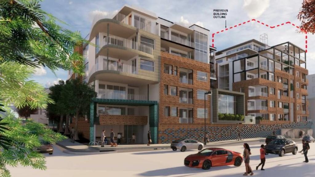 The Old Conservatory of Music at 5-7 Sandy Bay Road. Development Application artists impressions showing the reduction in height by approximately 6.2m, from 33.2m to approximately 27m. The red dotted line shows the previously proposed height. Design: IRENEINC PLANNING & URBAN DESIGN
