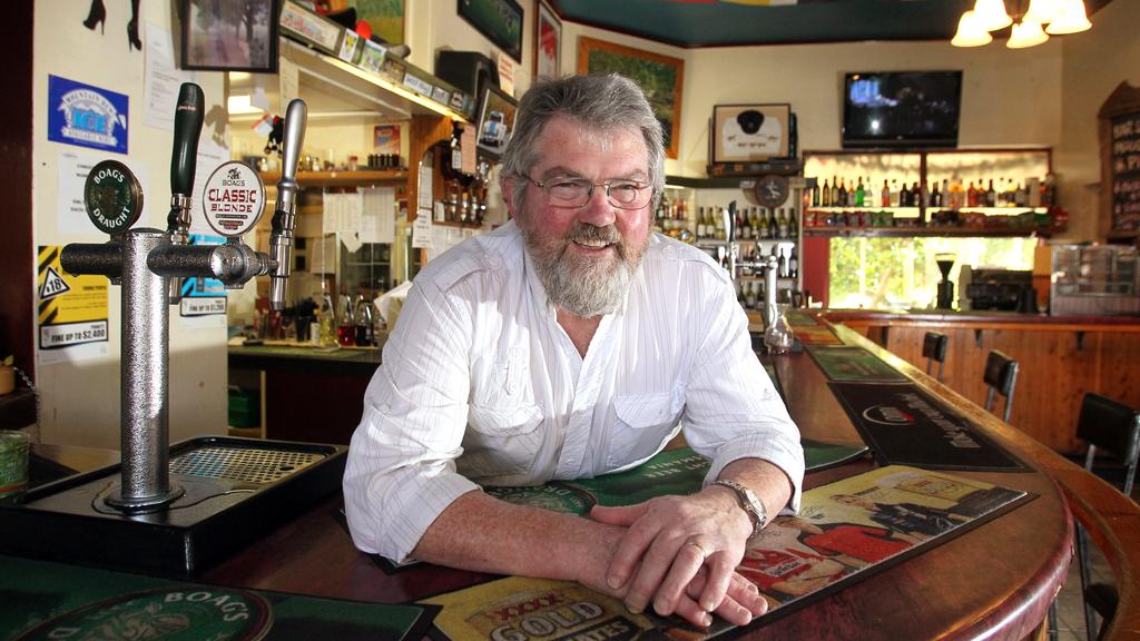 Saturday Magazine, Tasmania's historical country hotels, the Mole Creek Hotel built in 1907, owned by Doug Westbrook and Ramona Westbrook, Doug Westbrook behind the bar known as the Tassie Tiger bar