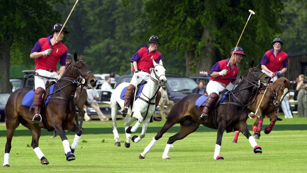 JUNE 2, 2002 : Highgrove team (L-R) Prince William, Prince Harry, the Charles the Prince of Wales and Ben Vestey vie to beat Lovelocks 02/06/02, in the Dorchester Polo Trophy in aid of the British Wheelchair Sports Foundation Tetbury Hospital Trust at Cirencester Park Polo Club.
Royals / Family