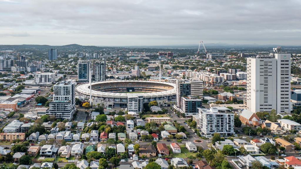 Brisbane Queensland Australia - January 10 2023 : Woolloongabba (Gabba) stadium is seen on a summer morning. This stadium is set to welcome Brisbane Olympics summer games in 2032