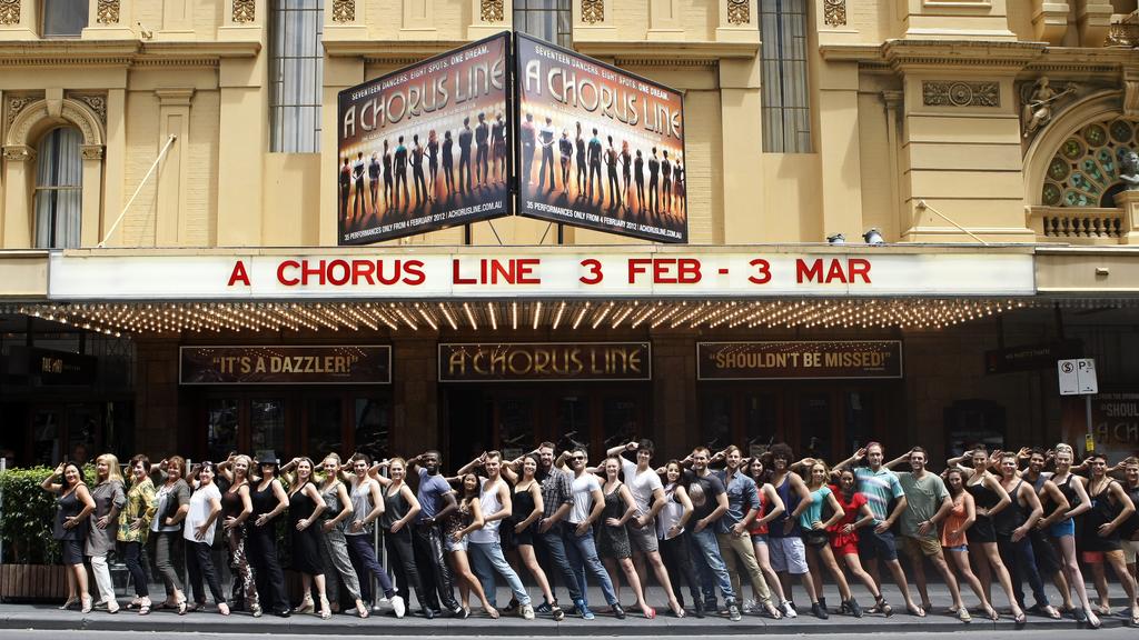 Members from A Chorus Line - Past and Present. 1977, 1993 and Current casts outside Her Majesty's Theatre, Melbourne.